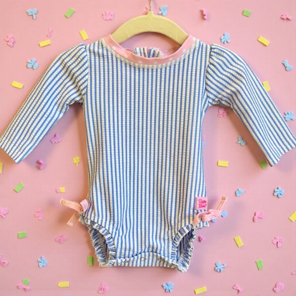 Ruffle Butts Seersucker One-Piece Rashguard Swimsuit NWOT 3-6 months